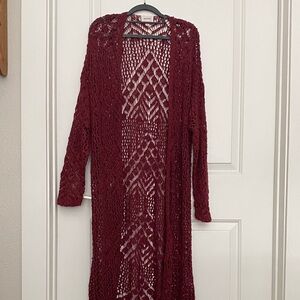 Open-Knit Longline Cardigan - Burgundy